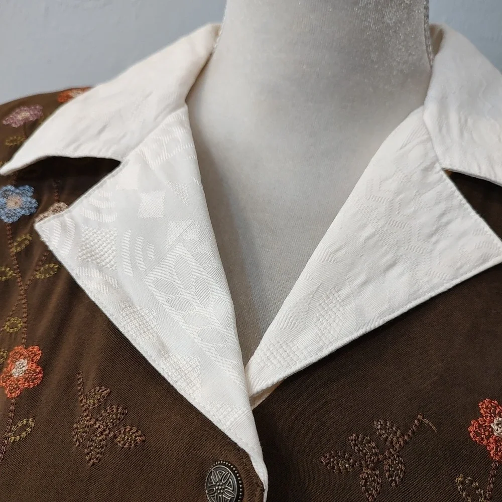 Alfred‎ Dunner Sz 14 Y2K Embroidered Floral Vest Blouse Brown Cottagecore Boho